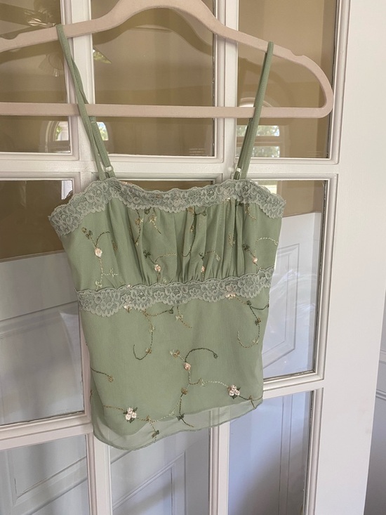 Thirty Thirty Tops - Embroidered Sage Green Lace-Trim Camisole
